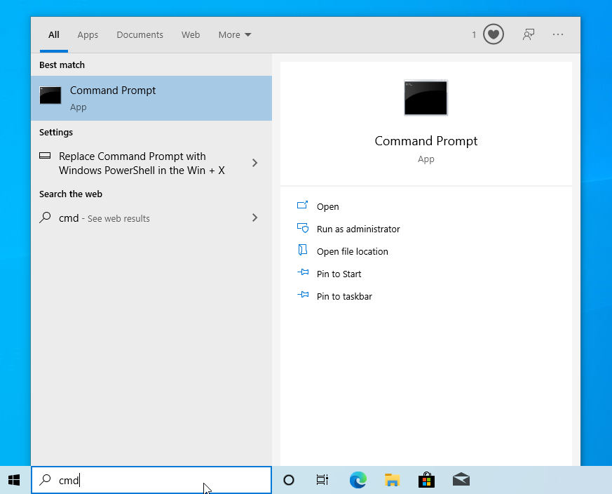 Typing cmd in Windows search to open Command Prompt